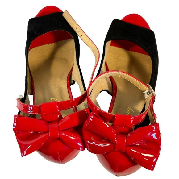 Getmorebeauty Red Patent & Black Suede Heels With Bow Detail - Picture 9 of 9
